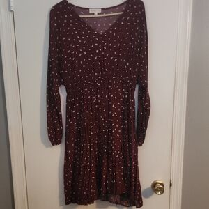 Burgundy and Cream Leaf Pattern V-Neck Long Sleeve Dress for Work